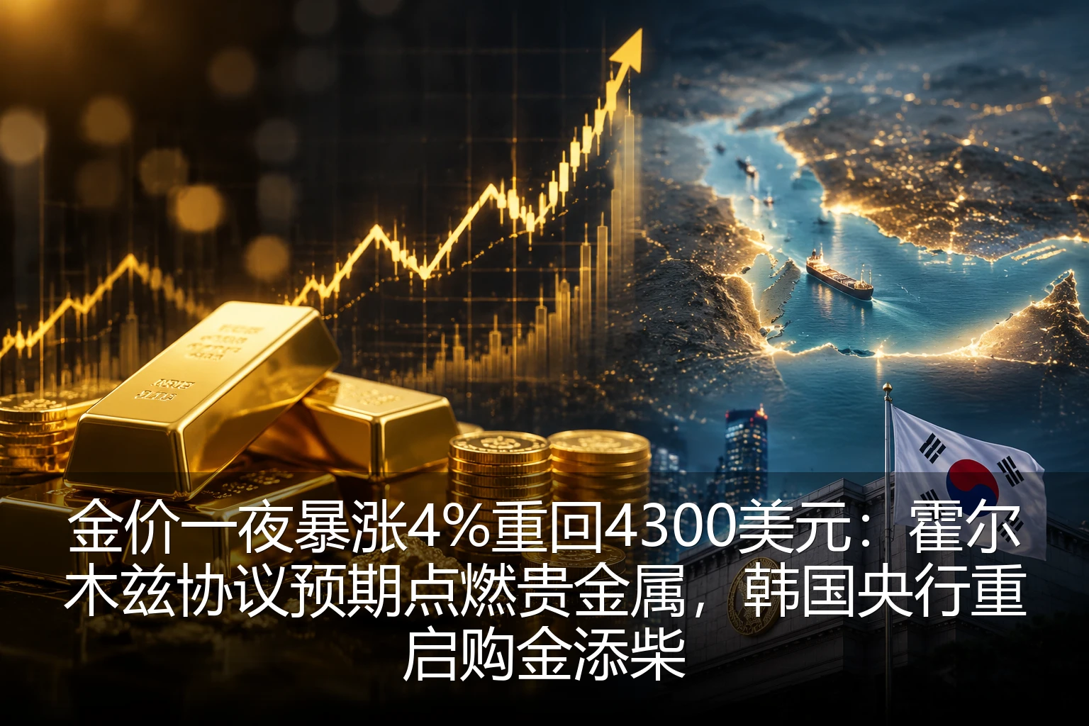 金价一夜暴涨4%重回4300美元：霍尔木兹协议预期点燃贵金属，韩国央行重启购金添柴