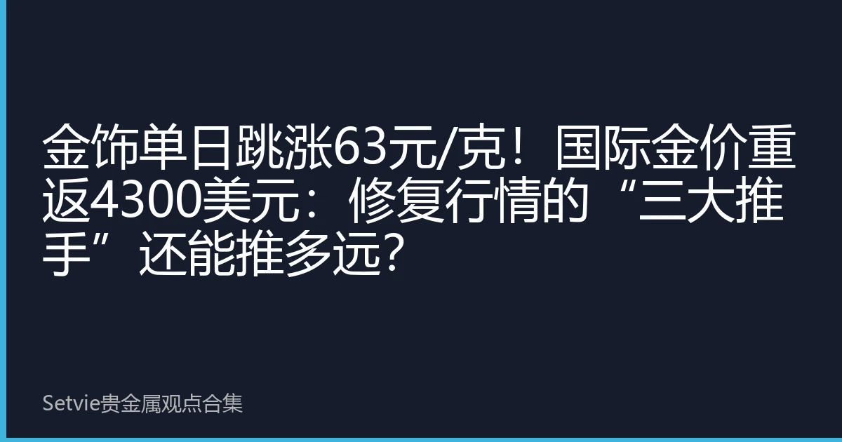 金饰单日跳涨63元/克！国际金价重返4300美元：修复行情的“三大推手”还能推多远？